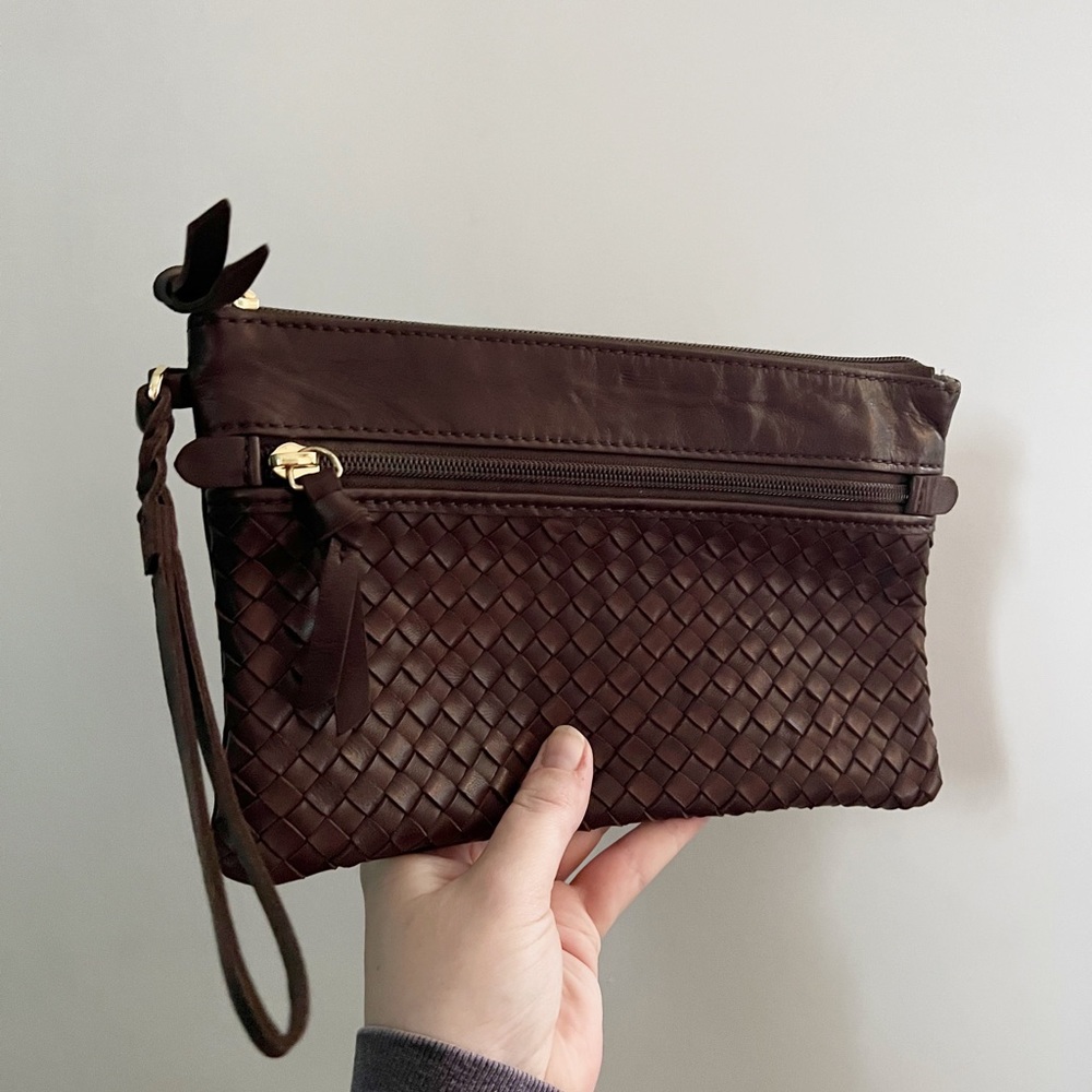 Margot New York Brown Genuine Leather Woven Clutch Bag